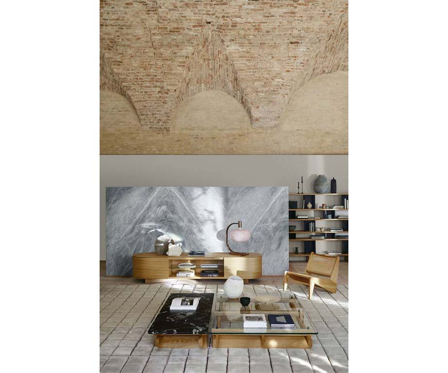 Rondos dresser by Cassina designed by Patricia Urquiola with rounded wooden structure and marble top Casa Design Group