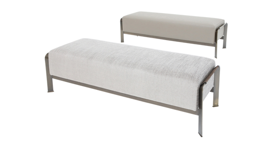 Arthur Bench by Rugiano with premium fabric or leather upholstery and a bronze-finished aluminium base | Casa Design Group