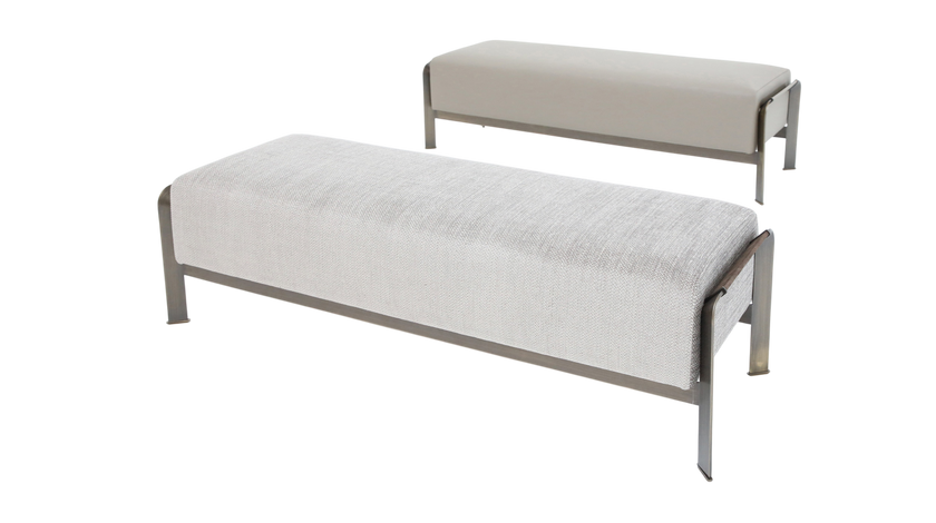 Arthur Bench by Rugiano with premium fabric or leather upholstery and a bronze-finished aluminium base | Casa Design Group