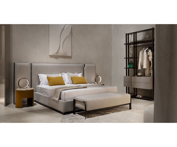 Arthur Bench by Rugiano with premium fabric or leather upholstery and a bronze-finished aluminium base | Casa Design Group