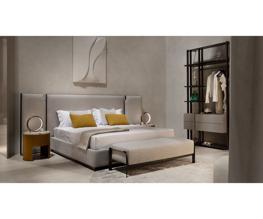 Arthur Bench by Rugiano with premium fabric or leather upholstery and a bronze-finished aluminium base | Casa Design Group