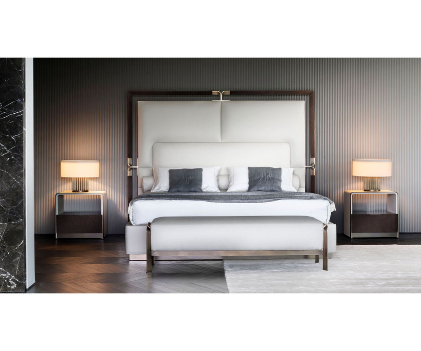 Arthur Bench by Rugiano with premium fabric or leather upholstery and a bronze-finished aluminium base | Casa Design Group
