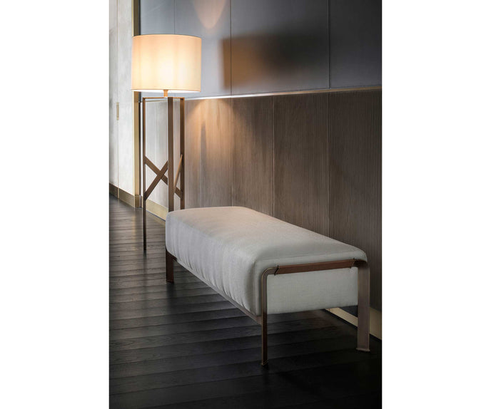 Arthur Bench by Rugiano with premium fabric or leather upholstery and a bronze-finished aluminium base | Casa Design Group