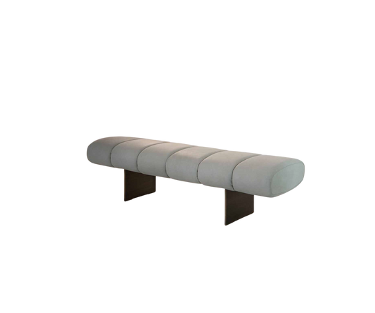 Rugiano Snake upholstered designer bench with bronze aluminum base at Casa Design Group.