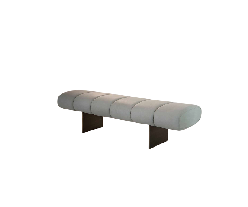 Rugiano Snake upholstered designer bench with bronze aluminum base at Casa Design Group.