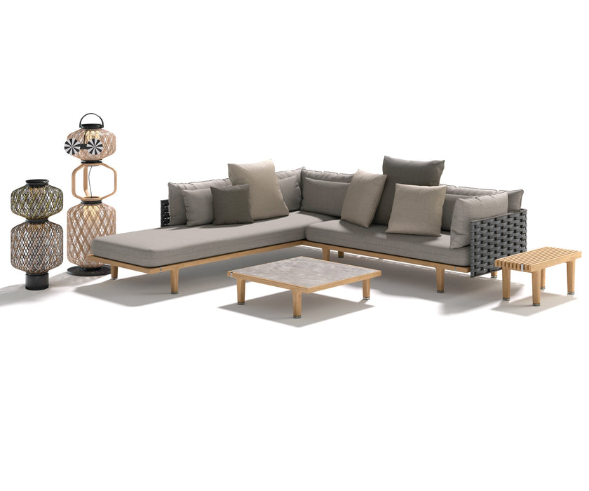 Luxury teak outdoor bench with cushions from Dedon’s Sealine collection – Casa Design Group