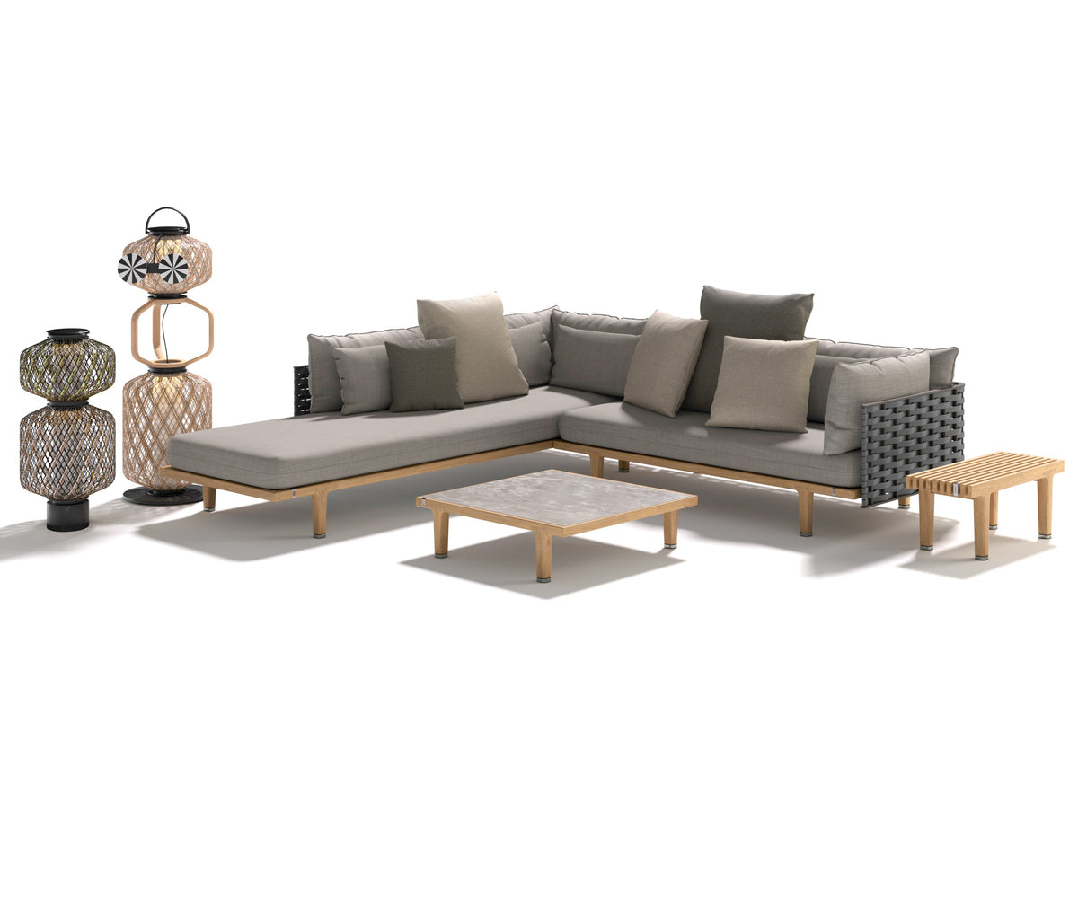Luxury teak outdoor bench with cushions from Dedon’s Sealine collection – Casa Design Group