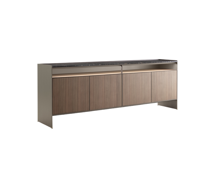 Self Blade Modular Storage System with suspended cabinets, slim aluminum panels and customizable glass or marble finishes by Rimadesio | Casa Design Group