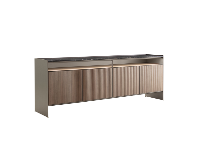 Self Blade Modular Storage System with suspended cabinets, slim aluminum panels and customizable glass or marble finishes by Rimadesio | Casa Design Group