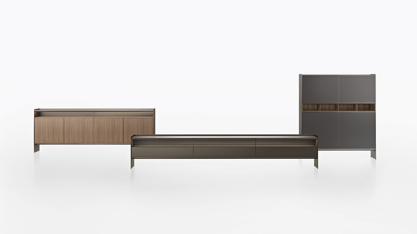 Self Blade Modular Storage System with suspended cabinets, slim aluminum panels and customizable glass or marble finishes by Rimadesio | Casa Design Group