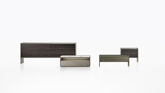 Self Blade Modular Storage System with suspended cabinets, slim aluminum panels and customizable glass or marble finishes by Rimadesio | Casa Design Group
