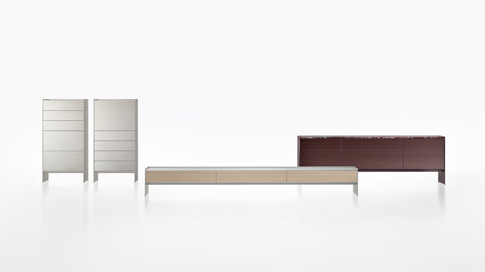 Self Blade Modular Storage System with suspended cabinets, slim aluminum panels and customizable glass or marble finishes by Rimadesio | Casa Design Group