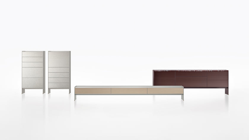 Self Blade Modular Storage System with suspended cabinets, slim aluminum panels and customizable glass or marble finishes by Rimadesio | Casa Design Group