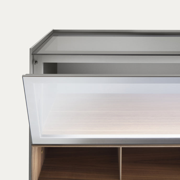 Self Blade Modular Storage System with suspended cabinets, slim aluminum panels and customizable glass or marble finishes by Rimadesio | Casa Design Group