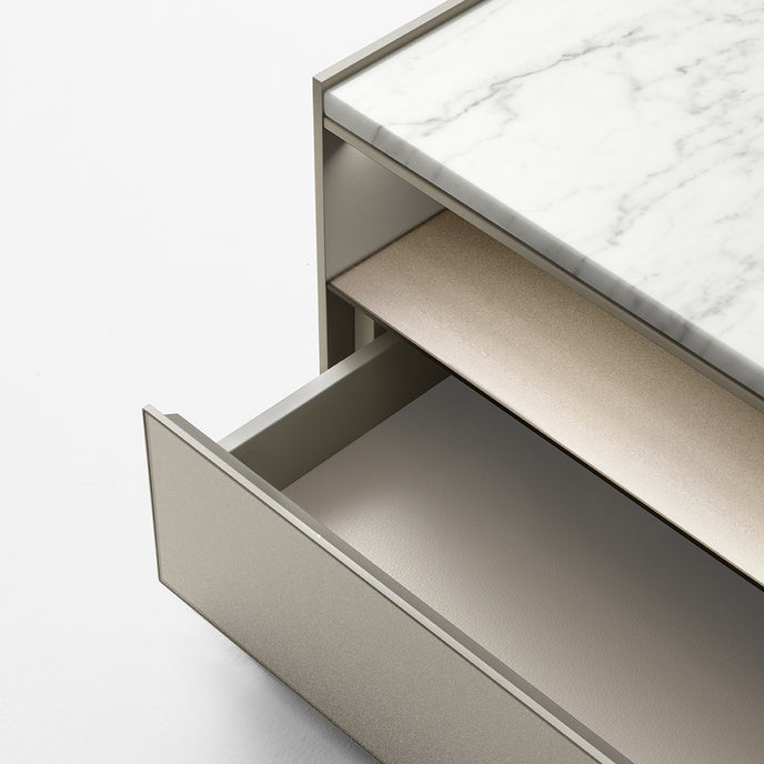 Self Blade Modular Storage System with suspended cabinets, slim aluminum panels and customizable glass or marble finishes by Rimadesio | Casa Design Group