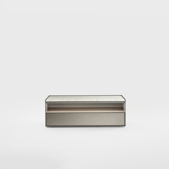 Self Blade Modular Storage System with suspended cabinets, slim aluminum panels and customizable glass or marble finishes by Rimadesio | Casa Design Group