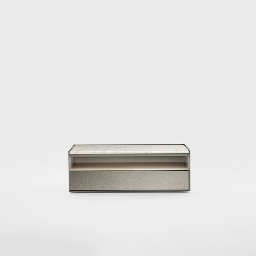 Self Blade Modular Storage System with suspended cabinets, slim aluminum panels and customizable glass or marble finishes by Rimadesio | Casa Design Group