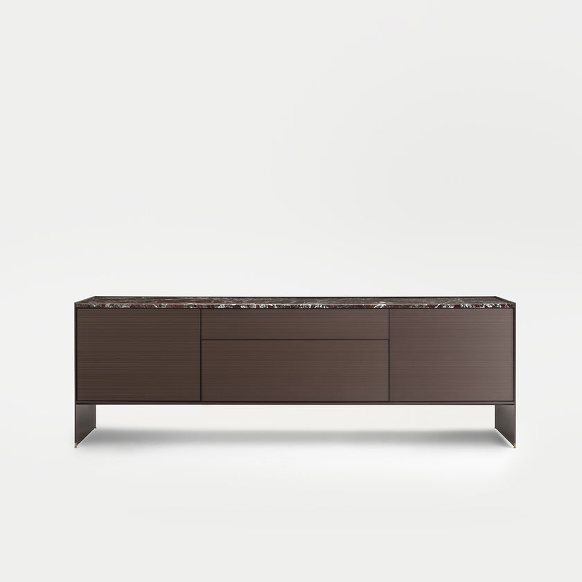 Self Blade Modular Storage System with suspended cabinets, slim aluminum panels and customizable glass or marble finishes by Rimadesio | Casa Design Group