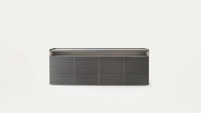 Self Blade Modular Storage System with suspended cabinets, slim aluminum panels and customizable glass or marble finishes by Rimadesio | Casa Design Group