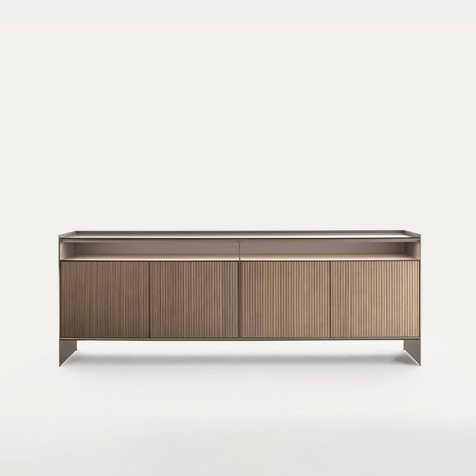 Self Blade Modular Storage System with suspended cabinets, slim aluminum panels and customizable glass or marble finishes by Rimadesio | Casa Design Group