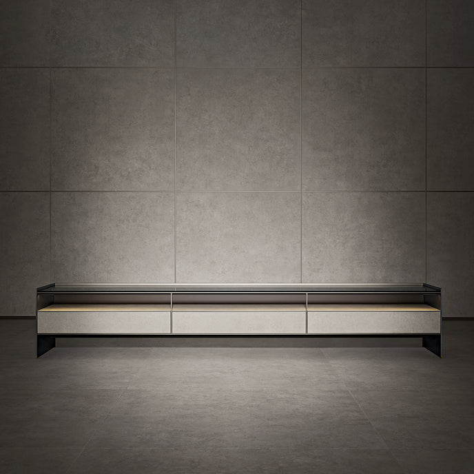 Self Blade Modular Storage System with suspended cabinets, slim aluminum panels and customizable glass or marble finishes by Rimadesio | Casa Design Group
