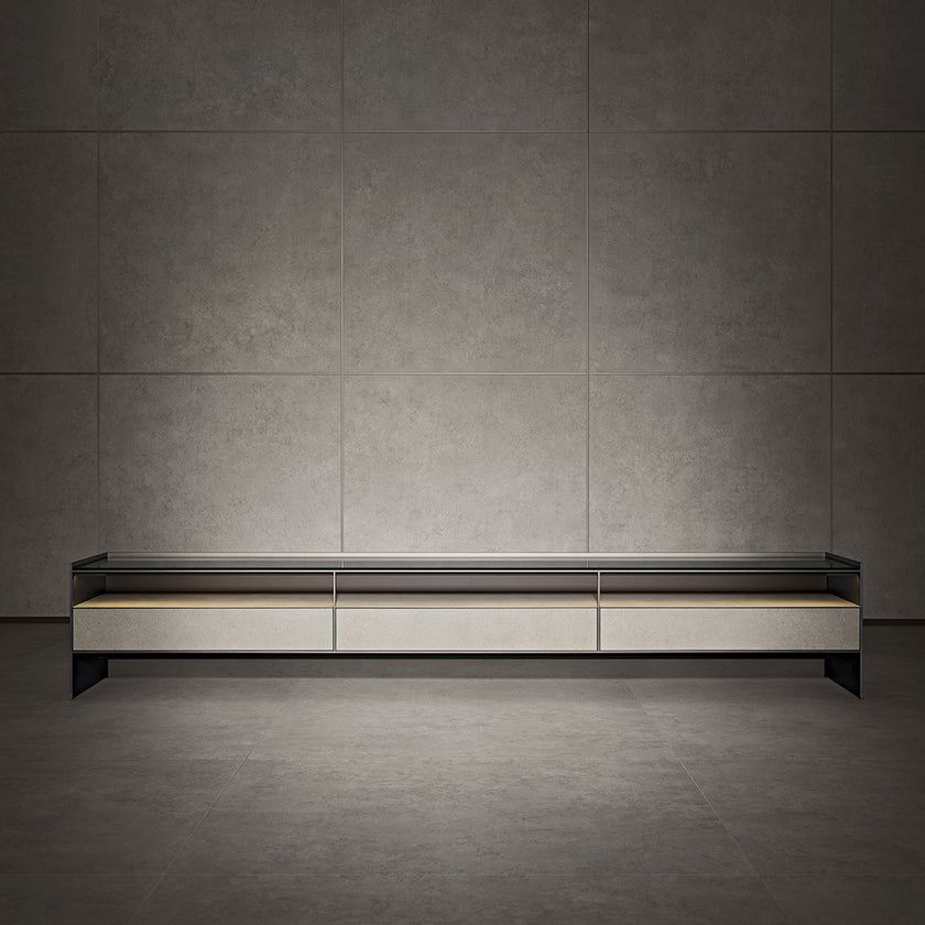 Self Blade Modular Storage System with suspended cabinets, slim aluminum panels and customizable glass or marble finishes by Rimadesio | Casa Design Group