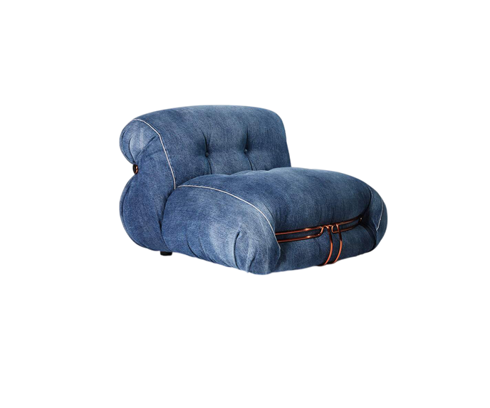 Soriana Lounge Chair Denim Crafted by Roy Roger's® by Cassina designed by Afra & Tobia Scarpa.