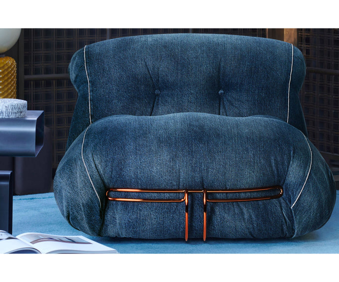 Soriana Lounge Chair Denim Crafted by Roy Roger's® by Cassina designed by Afra & Tobia Scarpa.