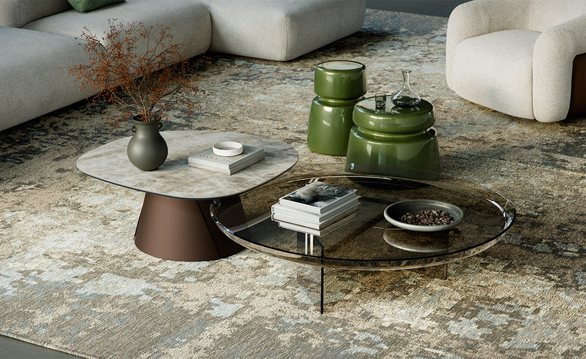 Standard Coffee Table with irregular curved bronze glass top and sculptural concave glass base by Cattelan Italia | Casa Design Group