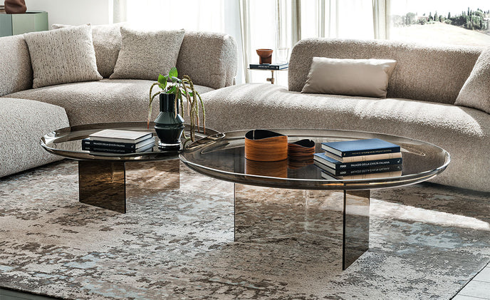Standard Coffee Table with irregular curved bronze glass top and sculptural concave glass base by Cattelan Italia | Casa Design Group