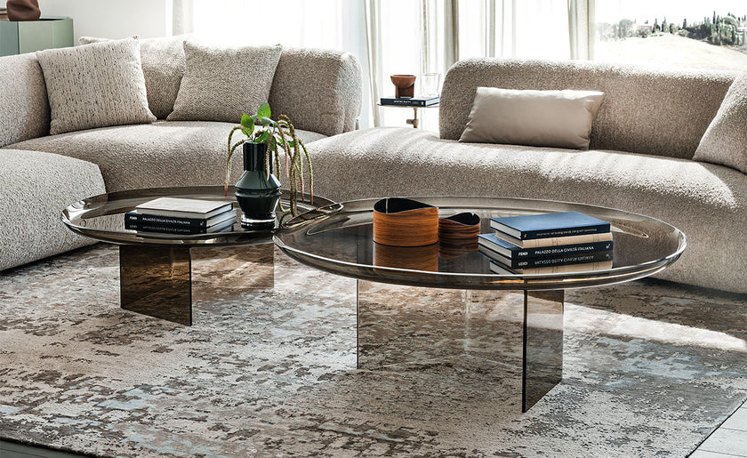 Standard Coffee Table with irregular curved bronze glass top and sculptural concave glass base by Cattelan Italia | Casa Design Group