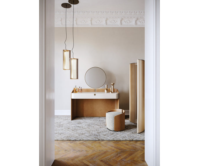 Suite elegant upholstered pouf by Capital with curved shell design and deep cushioned seat | Casa Design Group