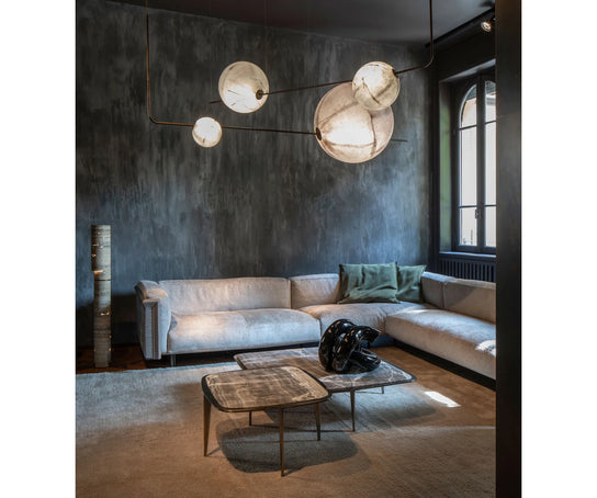 Superb-all horizontal ceiling light by Henge designed by Massimo Castagna with fiberglass spheres and LED lighting Casa Design Group