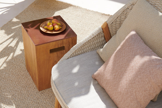 Tairu sculptural teak and lava stone side table by Tribù | Casa Design Group
