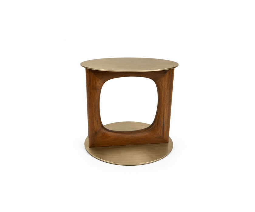 Tenco floor sample side table by Porada with Canaletta walnut base and brushed champagne metal top | Casa Design Group