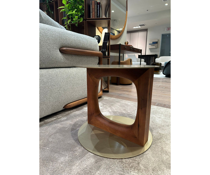 Tenco floor sample side table by Porada with Canaletta walnut base and brushed champagne metal top | Casa Design Group