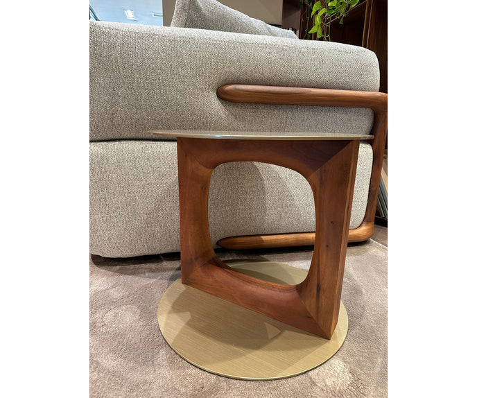 Tenco floor sample side table by Porada with Canaletta walnut base and brushed champagne metal top | Casa Design Group
