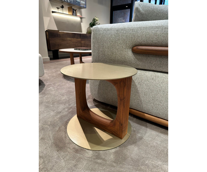 Tenco floor sample side table by Porada with Canaletta walnut base and brushed champagne metal top | Casa Design Group