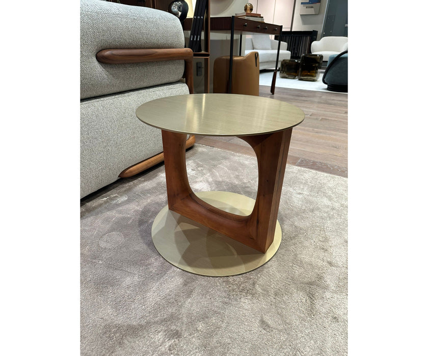 Tenco floor sample side table by Porada with Canaletta walnut base and brushed champagne metal top | Casa Design Group