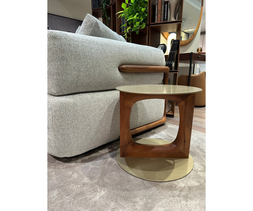 Tenco floor sample side table by Porada with Canaletta walnut base and brushed champagne metal top | Casa Design Group