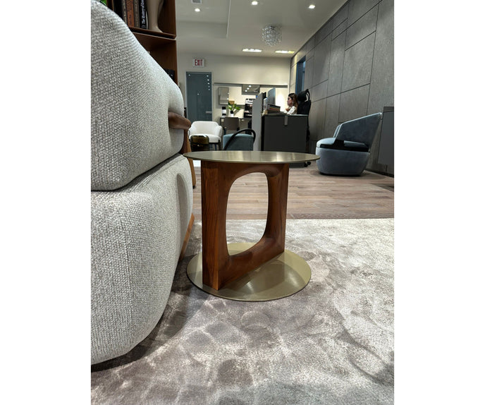 Tenco floor sample side table by Porada with Canaletta walnut base and brushed champagne metal top | Casa Design Group