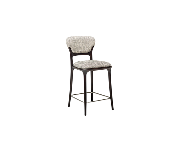 Teresa Bar Stool with curved upholstered backrest, solid wood frame and satin steel footrest by Ceccotti Collezioni | Casa Design Group