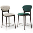 Teresa Bar Stool with curved upholstered backrest, solid wood frame and satin steel footrest by Ceccotti Collezioni | Casa Design Group