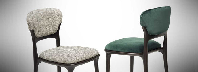 Teresa Bar Stool with curved upholstered backrest, solid wood frame and satin steel footrest by Ceccotti Collezioni | Casa Design Group