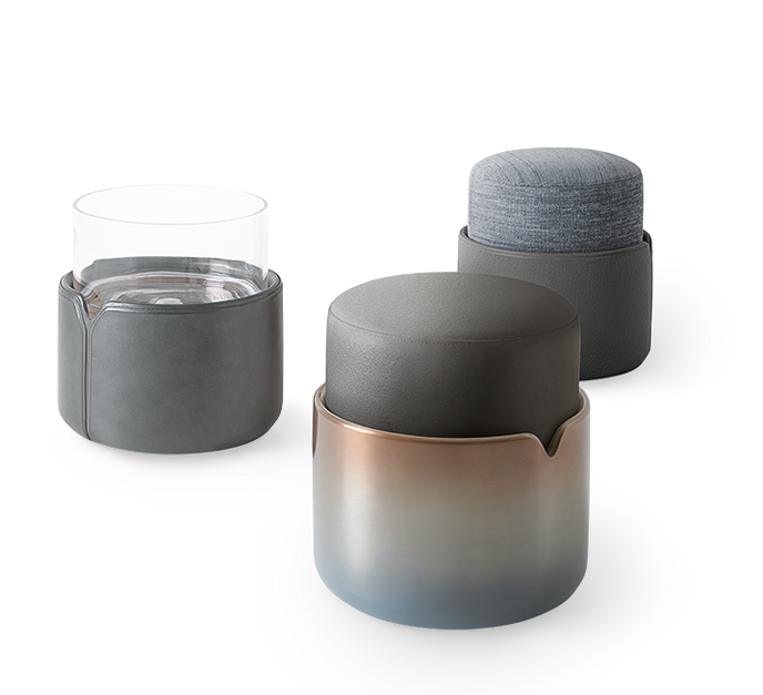 Teti elegant upholstered pouf by Giorgetti with lacquered or leather-wrapped base | Casa Design Group