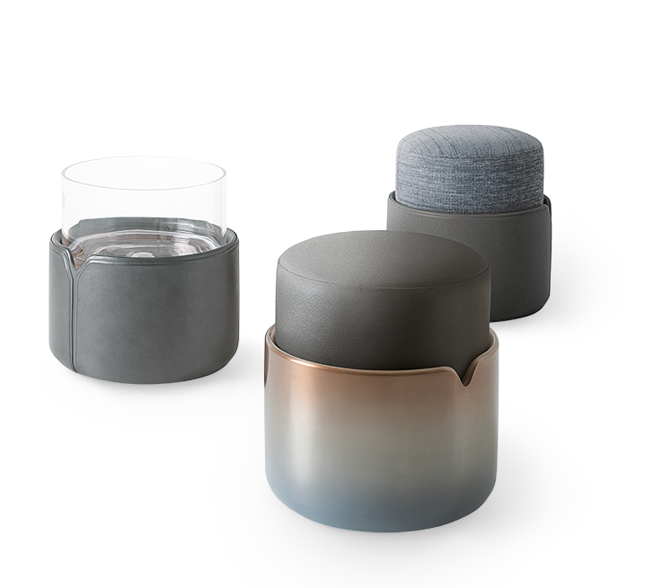 Teti elegant upholstered pouf by Giorgetti with lacquered or leather-wrapped base | Casa Design Group