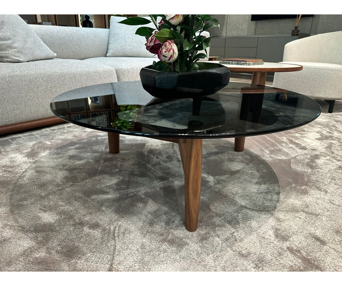Tillow 110 floor sample coffee table by Porada with Canaletta walnut base and smoked glass top | Casa Design Group