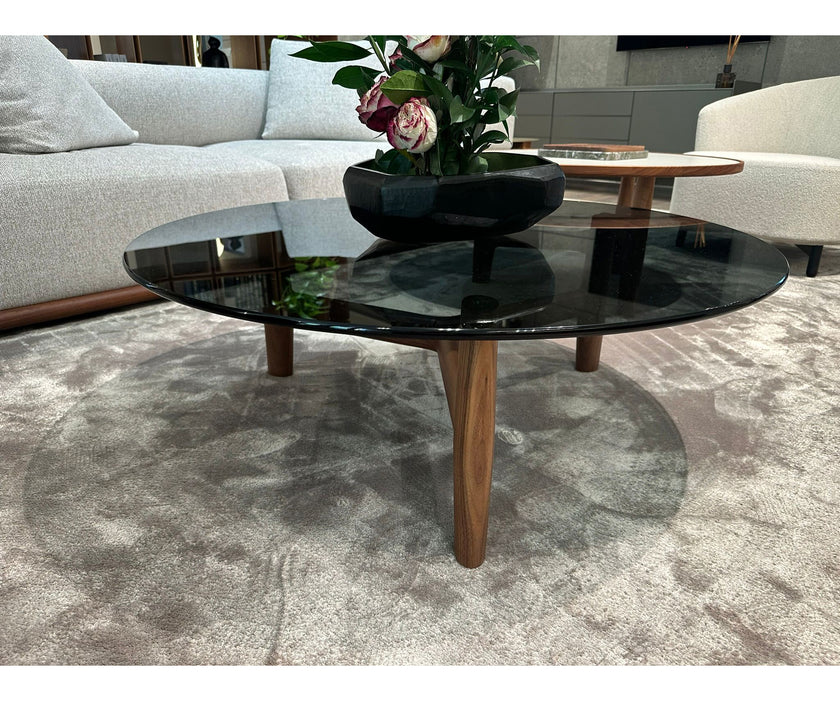 Tillow 110 floor sample coffee table by Porada with Canaletta walnut base and smoked glass top | Casa Design Group