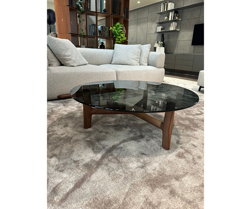Tillow 110 floor sample coffee table by Porada with Canaletta walnut base and smoked glass top | Casa Design Group