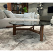 Tillow 110 floor sample coffee table by Porada with Canaletta walnut base and smoked glass top | Casa Design Group